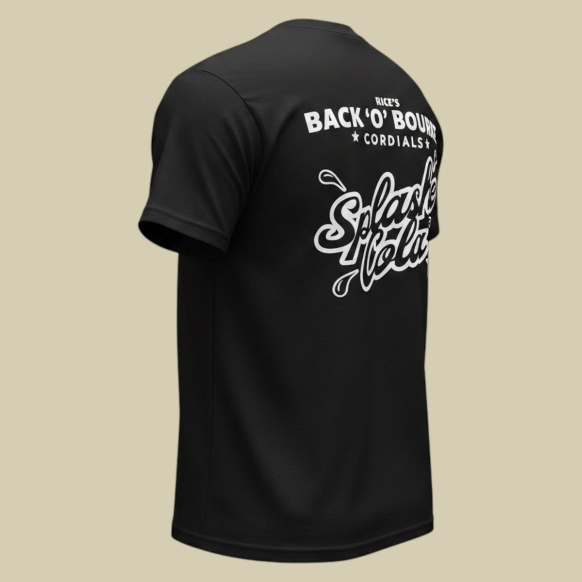 A black short-sleeve t-shirt shown from the back, featuring a white graphic print that reads 'BACK 'O' BOWS CORDIALS' and 'Splash Volts'. The t-shirt is displayed against a solid light beige background.