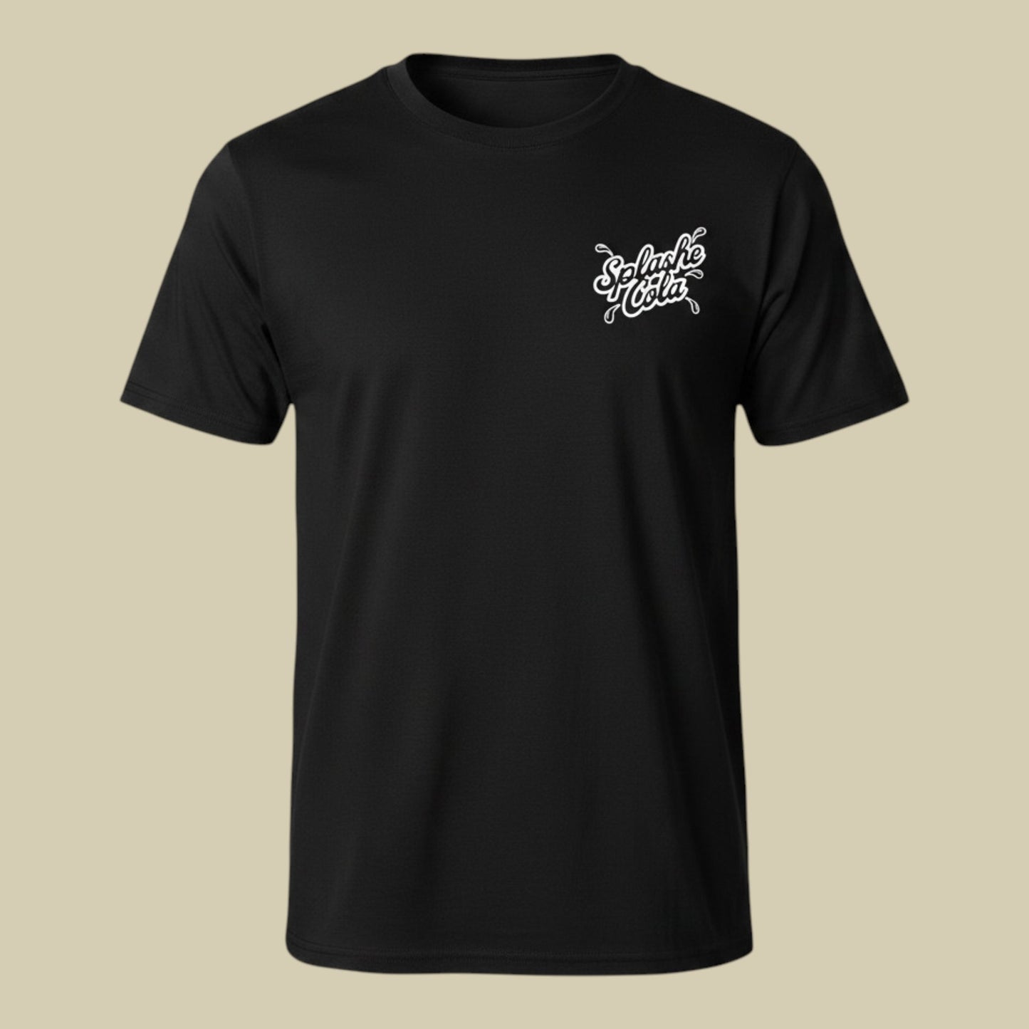 A black short-sleeve crewneck t-shirt with a small white cursive graphic on the left chest reading 'SeAbel's Motors', displayed against a solid light beige background.
