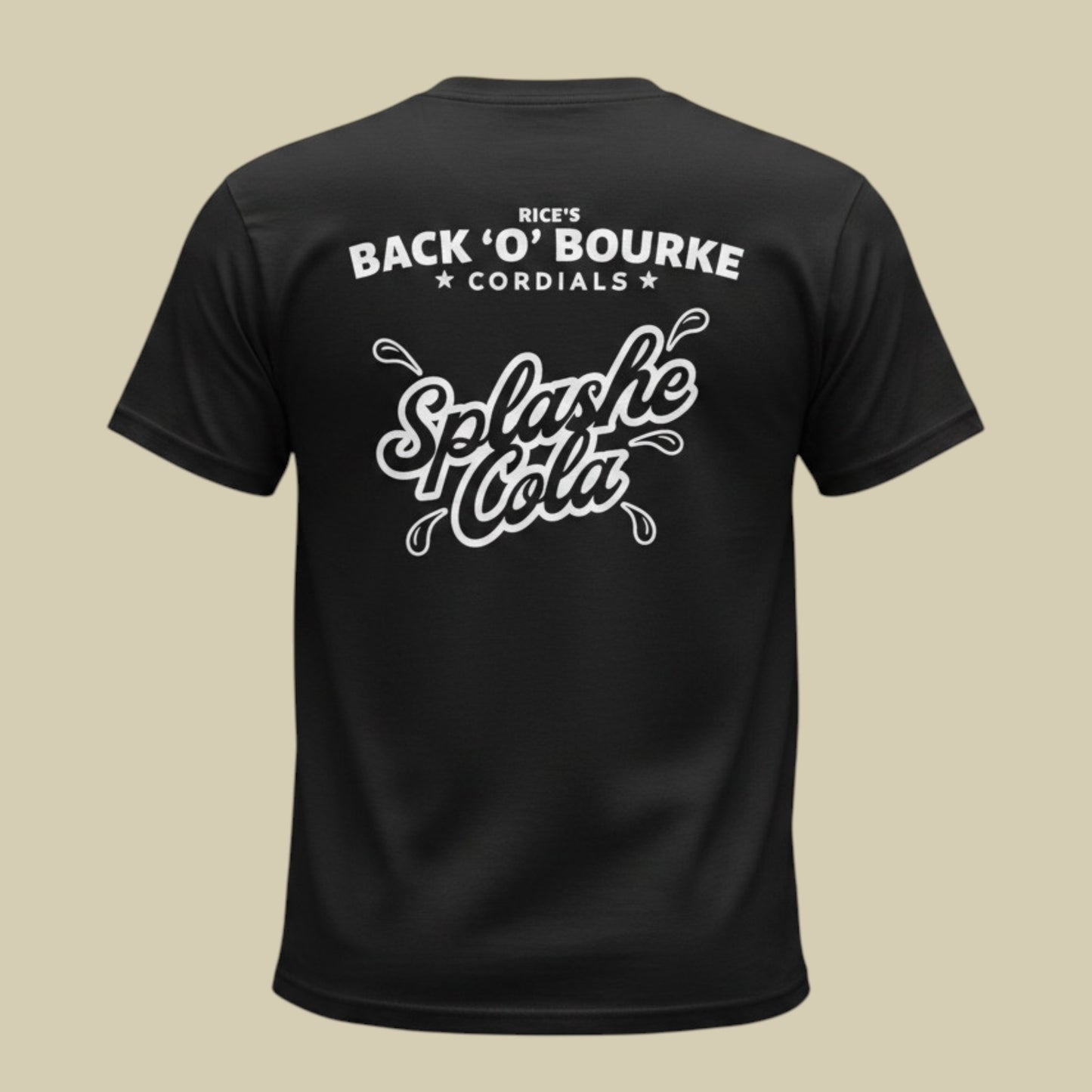 A black short-sleeve t-shirt shown from the back, featuring a white graphic print that reads 'RICK'S BACK 'O' BOURKE CORDIALS Splash Cola' on a solid beige background.