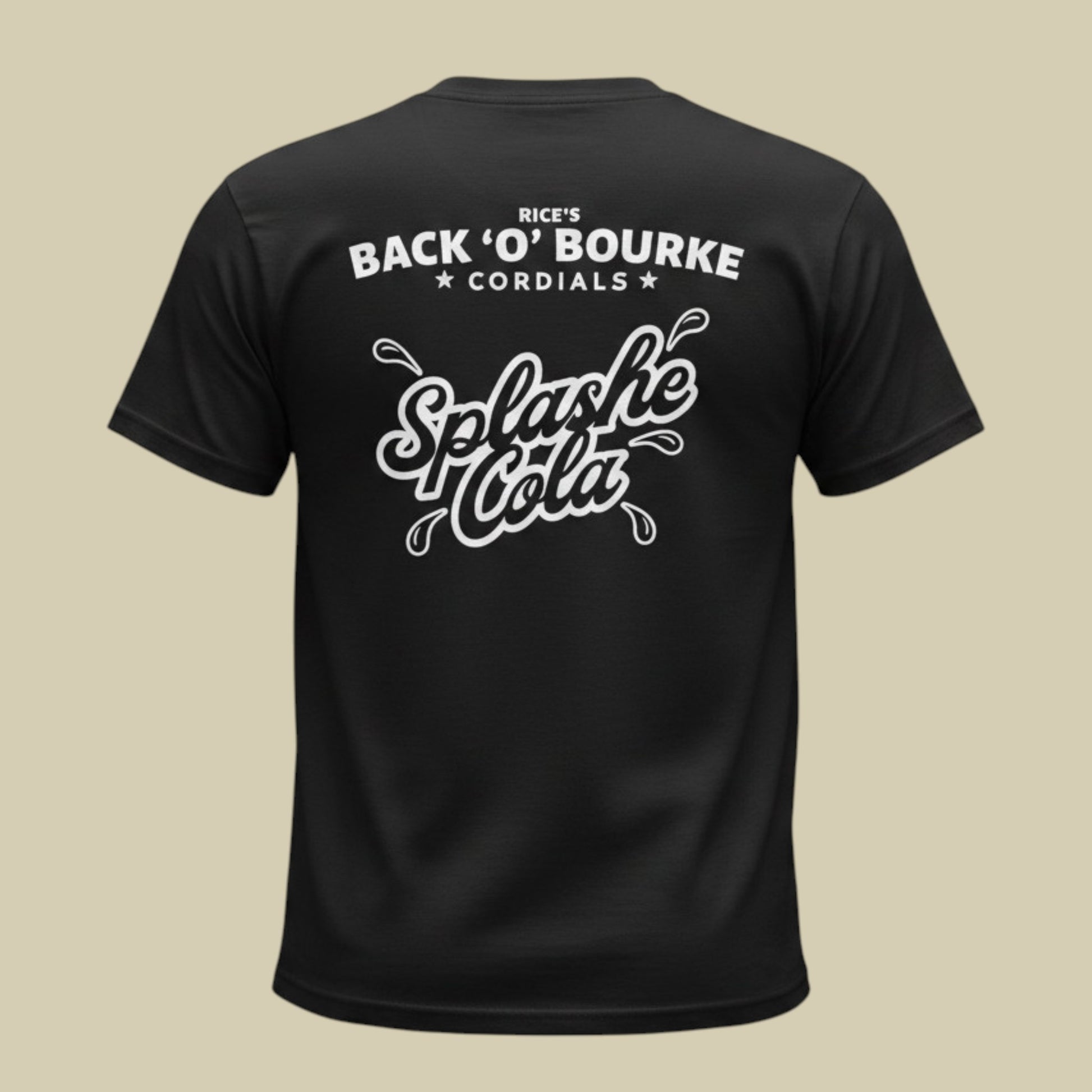 A black short-sleeve t-shirt shown from the back, featuring a white graphic print that reads 'RICK'S BACK 'O' BOURKE CORDIALS Splash Cola' on a solid beige background.