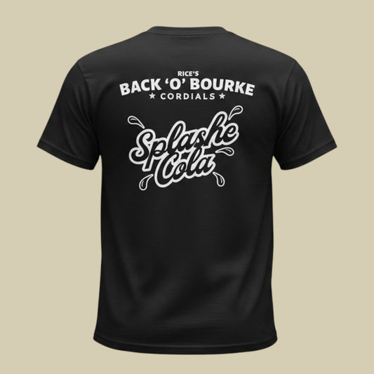 A black short-sleeve t-shirt shown from the back, featuring a white graphic print that reads 'RICK'S BACK 'O' BOURKE CORDIALS Splash Cola' on a solid beige background.