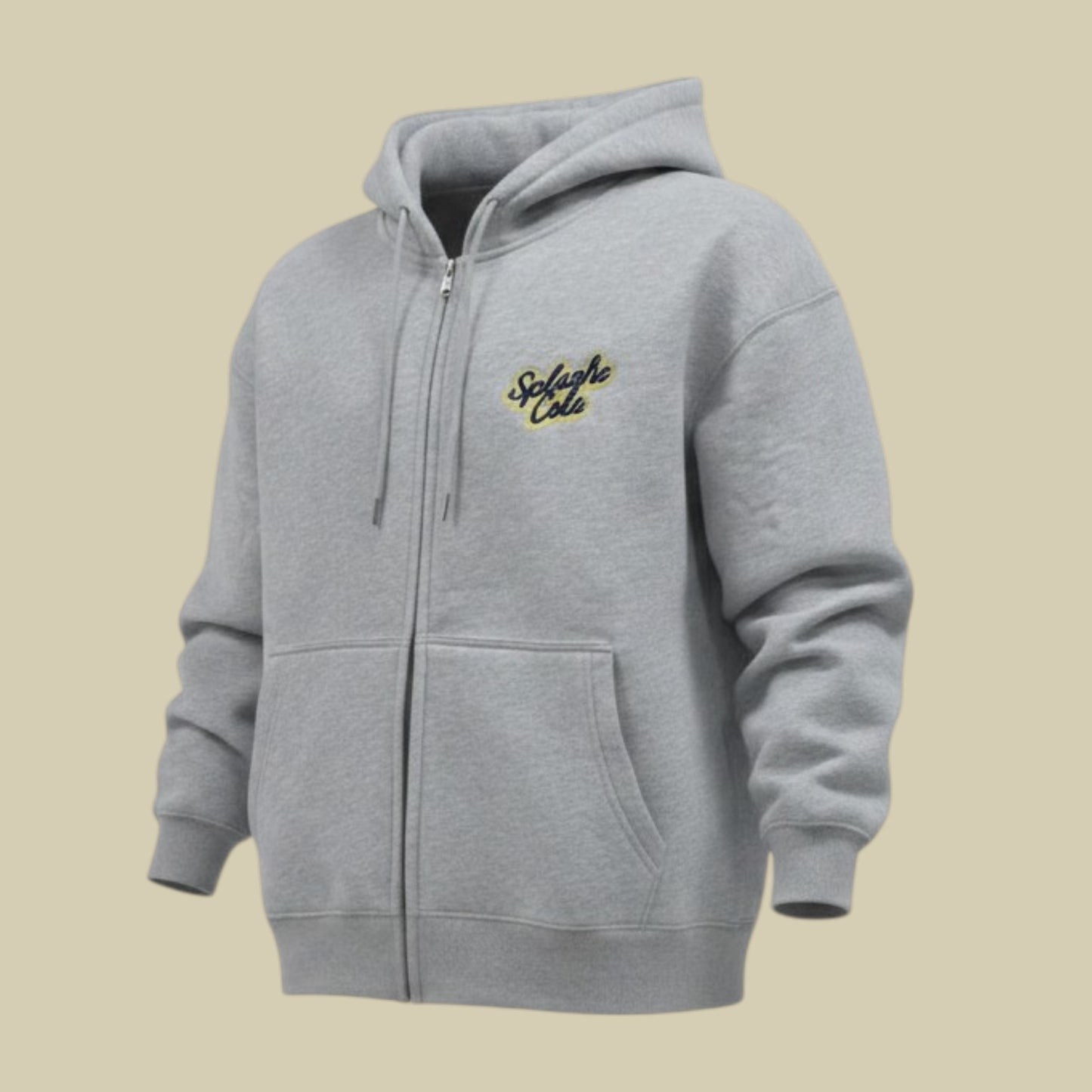 A light gray zip-up hoodie with a drawstring hood and kangaroo pockets, featuring a yellow and black embroidered Splashe Cola