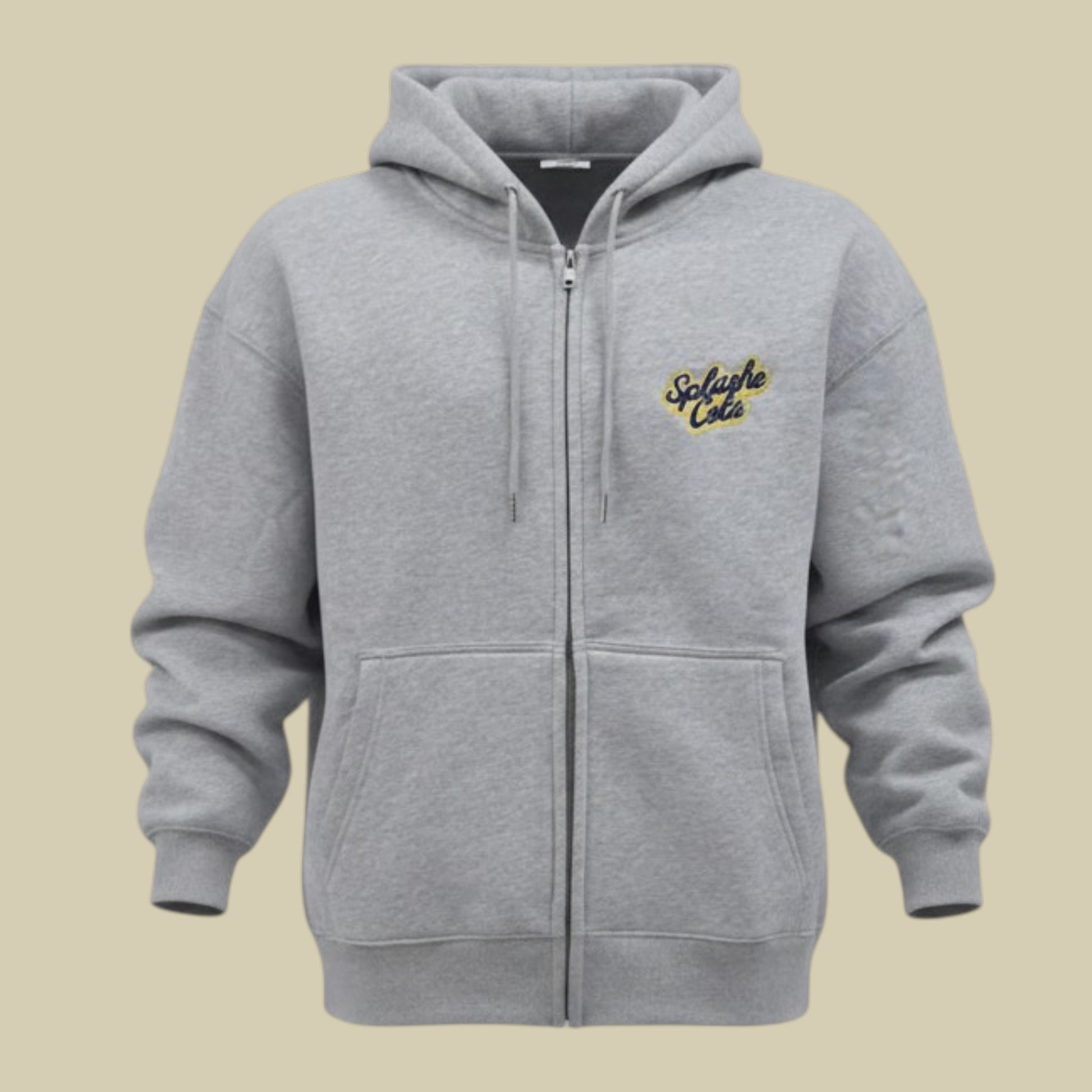 A light gray heather zip-up hoodie with a drawstring hood, front pockets, and a small embroidered 'Splashe Cola' logo on the left chest. EST 1907 on right sleeve cuff