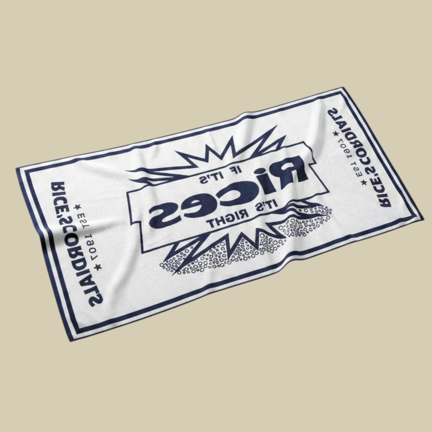 A white rectangular beach towel with a navy blue border and graphic print featuring the text 'RICES It's Right' and 'RICES CORDIALS', shown on back side of towel 